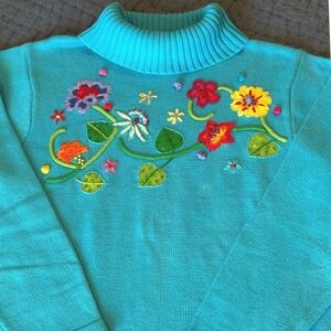 Quacker Factory Embroidered Floral Garden Turtleneck Sweater L Grandmacore Y2K